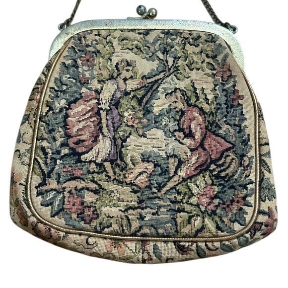 Vintage Tapestry Purse Metal Frame Chain Handle Romantic Scene Handbag - - Picture 2 of 4